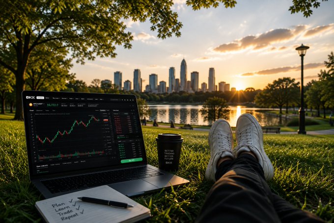 A person relaxes in a park at sunset with a laptop displaying a trading chart, a coffee cup, and a notebook with the text 'Plan: Learn, Trade, Repeat', set against a city skyline.