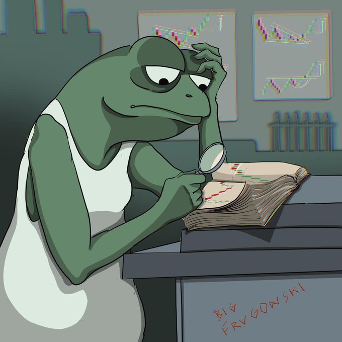 An illustration of a green frog character in a white tank top examining a stock chart book with a magnifying glass, signed 'BIG FRVGOWSKI' in red.