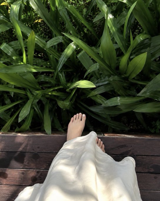 A bare foot peeks out from under a flowing cream-colored skirt, resting on a wooden deck beside lush green foliage in soft morning sunlight.

The image captures the peaceful "soft light, calm mind" moment referenced in the caption—a quiet morning scene encouraging the viewer to pause, breathe, and embrace stillness before diving into the day.