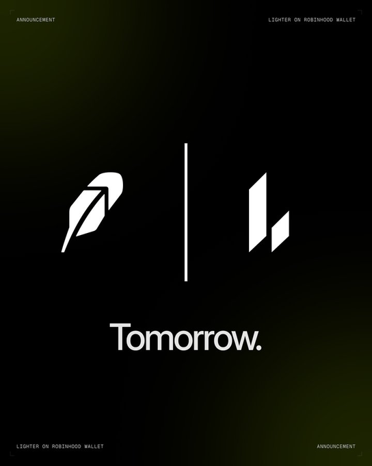 A dark announcement teaser featuring the Robinhood feather logo alongside the "Lighter" logo, separated by a vertical line, with the word "Tomorrow." prominently displayed and corner text reading "LIGHTER ON ROBINHOOD WALLET" and "ANNOUNCEMENT," teasing the upcoming integration of Lighter as Robinhood Chain's official perpetual contract engine.