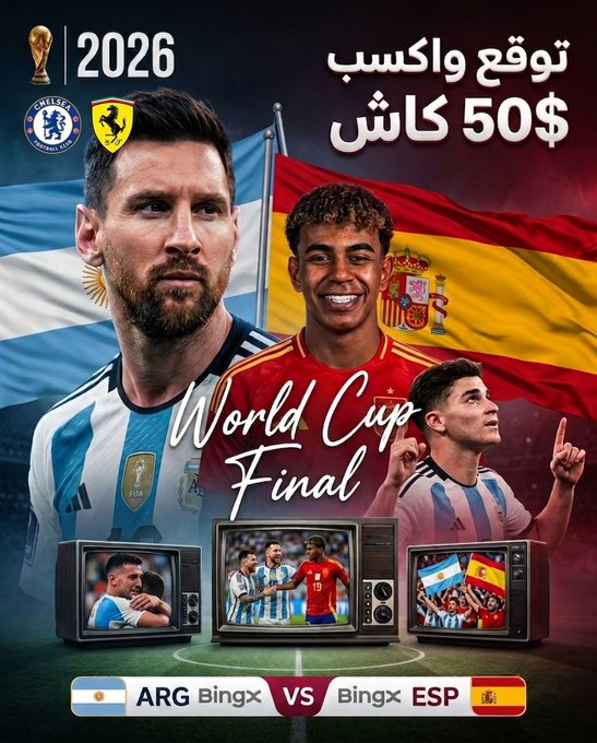 The image is a promotional graphic for a BingX Egypt World Cup 2026 Final Prediction Contest featuring the Argentina vs Spain match, showing Lionel Messi and Lamine Yamal alongside their national flags and a FIFA World Cup 2026 trophy icon. Arabic text advertises a "$50 cash prize" giveaway for 10 winners who predict the final match result.
