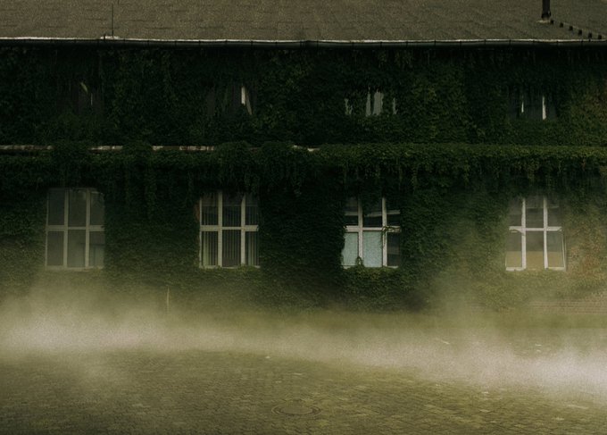 A weathered, ivy-draped building with large windows emerges from a misty, dreamlike haze, evoking the atmospheric mood suggested by the title "Ivy Mist." The hauntingly green-tinged image complements the secondary sale announcement of this artwork on Tezos (XTZ) blockchain.