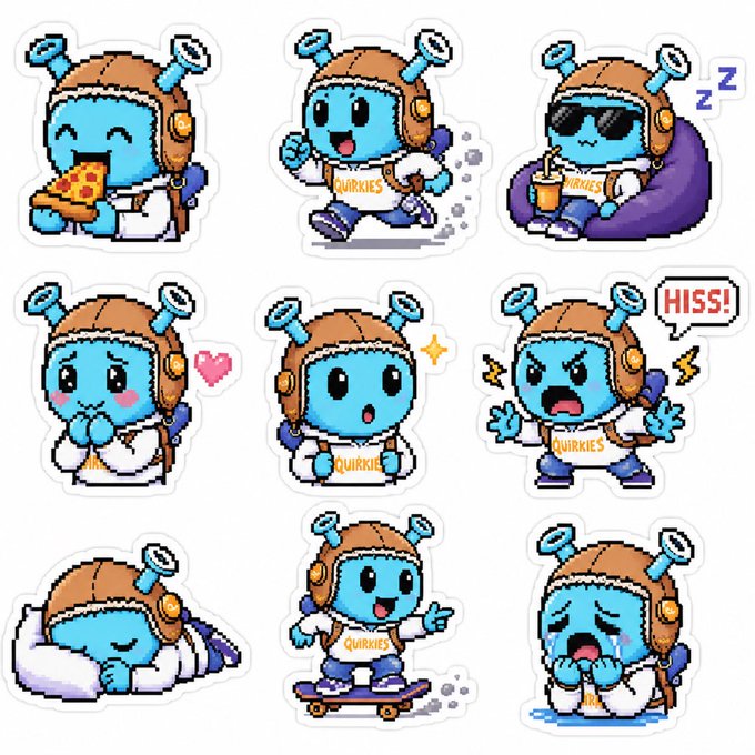 A sticker sheet featuring nine variations of a cute blue robot-like character named 'QUIRKIES' wearing an orange and blue helmet with antenna, shown in various poses including eating pizza, running, sleeping, blushing, surprised, angry with 'HISS!', crying, skateboarding, and sad.