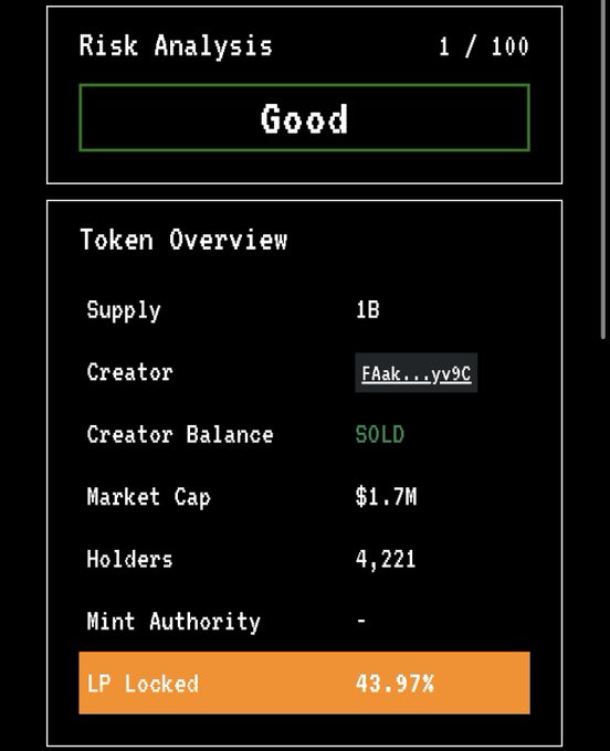 A Risk Analysis tool displays a green "Good" status and a list of information about the token's creator, balance, and market cap.