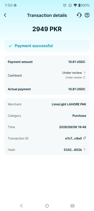 A mobile app screenshot of a Bitget Wallet transaction showing a successful payment of 10.81 USDC (2949 PKR) at LimeLight LAHORE PAK on 2026/08/06, with cashback under review—demonstrating the Assetback cashback feature being promoted in the post.