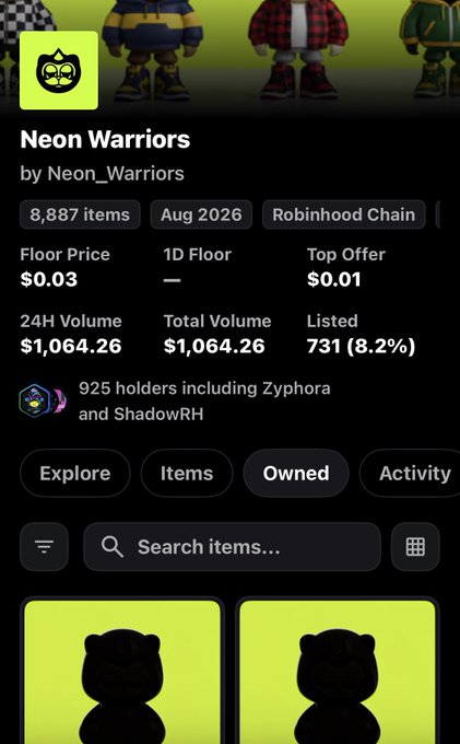 A mobile app interface for 'Neon Warriors' NFT collection by Neon_Warriors on Robinhood Chain, showing 8,887 items with a floor price of $0.03, 24H volume of $1,064.26, and 925 holders.