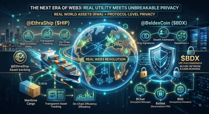 An infographic titled 'The Next Era of Web3: Real Utility Meets Unbreakable Privacy' showcasing the $SHIP (EthraShip) and $BDX (BeldexCoin) projects, highlighting features like Real Economic Utility, Maritime Cargo tracking, and BelNet's decentralized VPN.