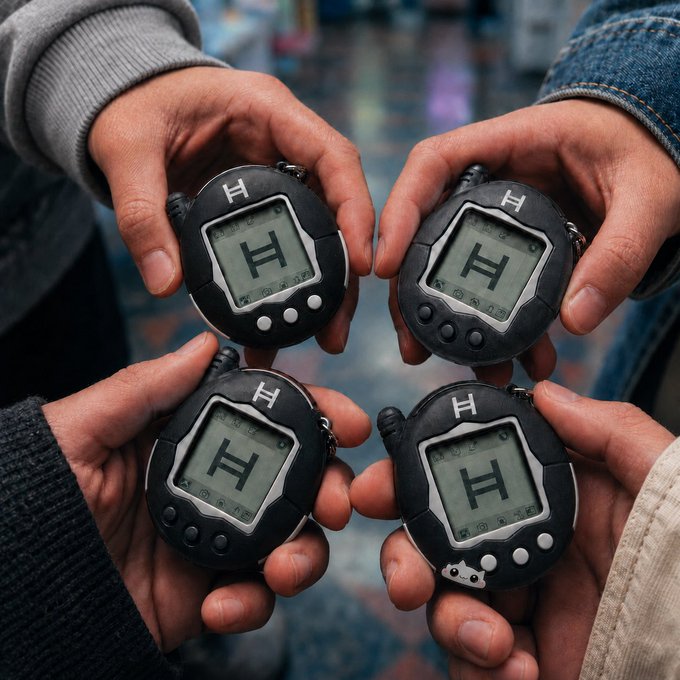 Four hands hold black, egg-shaped digital pet devices branded with a bold "H" on their screens, resembling Tamagotchis reimagined as "Cryptogotchis" — playful crypto-themed virtual companions that, like their 90s predecessors, require regular feeding and care from their owners.