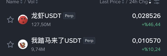 A cryptocurrency trading interface displays two perpetual futures contracts in Chinese: 龙虾/USDT (Lobster/USDT) at 0.028526 with a +46.44% 24h gain, and 我踏马来了/USDT ("WTF I'm here") at 0.010570 with a +10.24% increase. The image illustrates the Chinese narrative trade mentioned in the post, showing the "我踏马来了" token being entered long at the exact price of 0.010570.