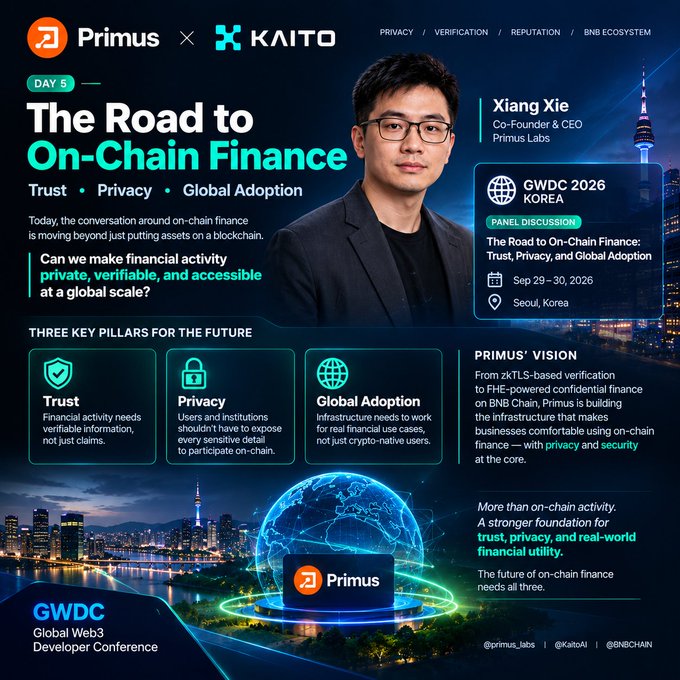 A conference promotional poster announces 'The Road to On-Chain Finance' featuring Xiang Xie, Co-Founder & CEO of Primus Labs, at GWDC 2026 Korea on Sep 29-30, 2026 in Seoul, with three key pillars: Trust, Privacy, and Global Adoption.