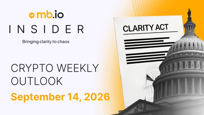 A banner for mb.io Insider's 'Crypto Weekly Outlook' dated September 14, 2026, featuring the Clarity Act document over an image of the US Capitol dome.