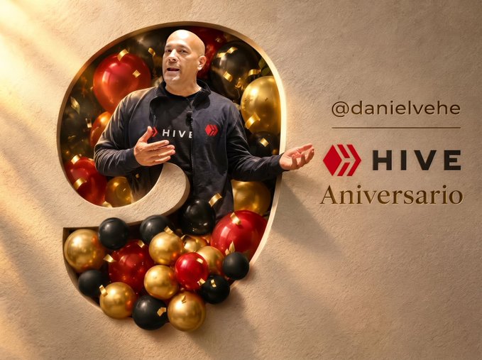 A promotional graphic for a 'HIVE Aniversario' 9th anniversary featuring a man in a HIVE shirt within a large number 9 filled with balloons, with text '@danielvehe'.
