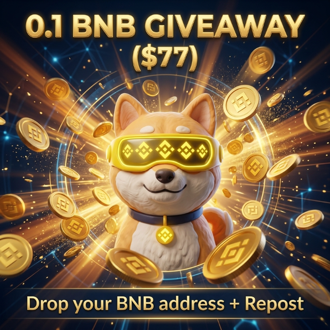 A cartoon Shiba Inu wearing glowing gold BNB-themed goggles sits amid a shower of golden Binance coins on a cosmic blue background. Bold text reads "0.1 BNB GIVEAWAY ($77)" with a bottom banner saying "Drop your BNB address + Repost," matching the giveaway announcement.

⚠️ Note: This appears to be a classic crypto giveaway scam — legitimate projects never ask you to send funds or share wallet addresses to receive free crypto.