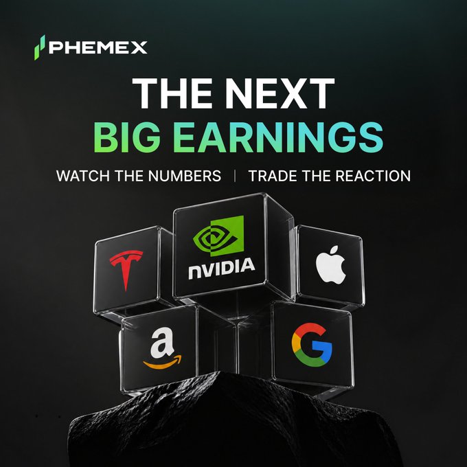 A dark promotional image features the Phemex logo at the top with the headline "THE NEXT BIG EARNINGS" and tagline "WATCH THE NUMBERS | TRADE THE REACTION." Below, 3D cubes display the logos of NVIDIA, Tesla, Apple, Amazon, and Google, visually representing the major tech earnings—particularly NVIDIA's Q2 FY27 report on August 26—that traders can react to on the platform.