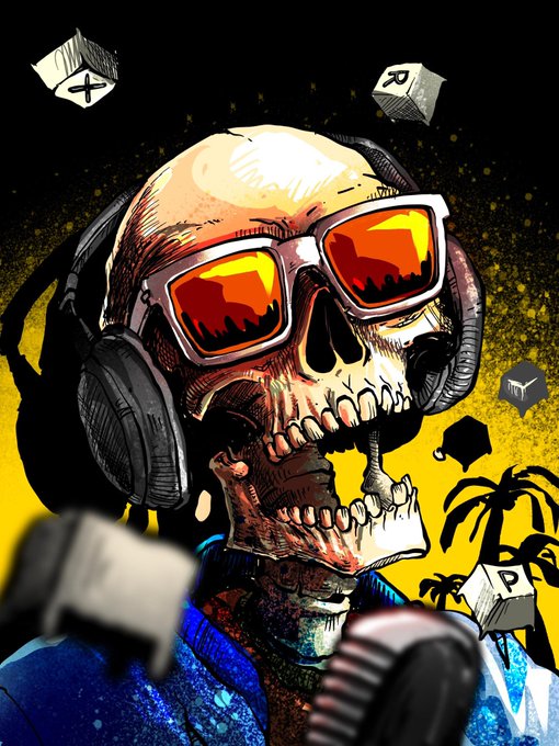 An illustrated graphic of a skull wearing red-tinted sunglasses and headphones, surrounded by floating cubes with logos and a microphone in the foreground.