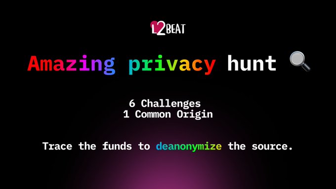 An L2BEAT promotional graphic titled 'Amazing privacy hunt' featuring colorful rainbow text, a magnifying glass icon, and instructions to 'Trace the funds to deanonymize the source' across 6 challenges with 1 common origin.