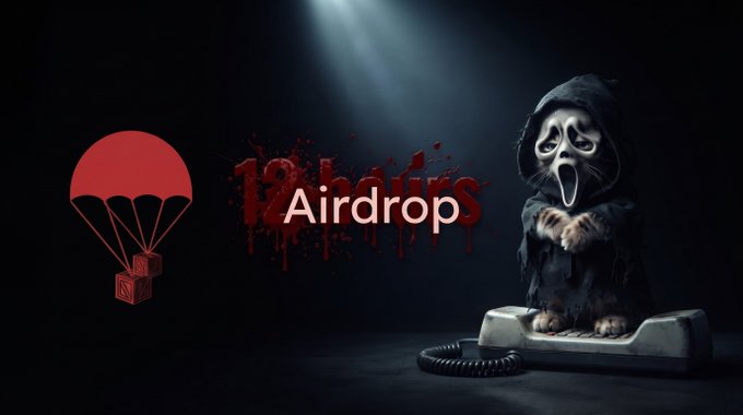 A dark promotional graphic features a red parachute icon, dripping red text, the word “Airdrop,” and a hooded ghostly figure holding a small object under a spotlight.