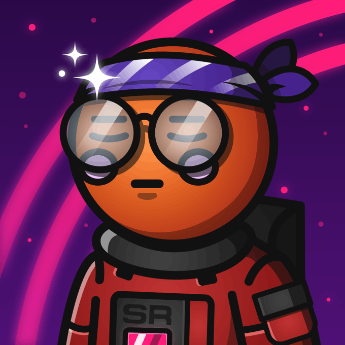 The image features a cartoon person wearing a red spacesuit, which appears to be of a character from a video game or cartoon series. They are also wearing a purple headband with a white star design, sunglasses, and a backpack. The accompanying text in the caption suggests that this digital artwork was sold for 0.125 ETH (ether), indicating its value as a collector's item within the gaming community.