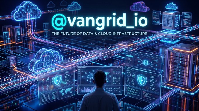 A futuristic digital cityscape with neon clouds and data flows displays the text '@vangrid_io' and 'THE FUTURE OF DATA & CLOUD INFRASTRUCTURE' above a person looking at multiple data screens.