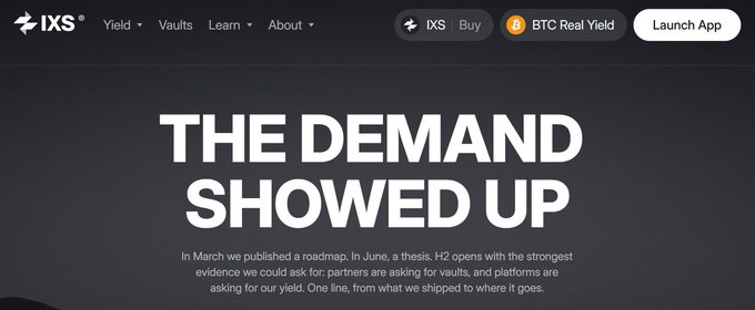 The image displays the IXS website homepage featuring a dark-themed hero section with bold white text declaring "THE DEMAND SHOWED UP," accompanied by a caption noting that partners began requesting vaults and platforms before IXS's H2 roadmap was even published in June. This visual directly supports the post's narrative by illustrating IXS Finance's customer-first approach, where institutional, AI agent, and stablecoin demand converged ahead of product development across the three billion-dollar trends mentioned.