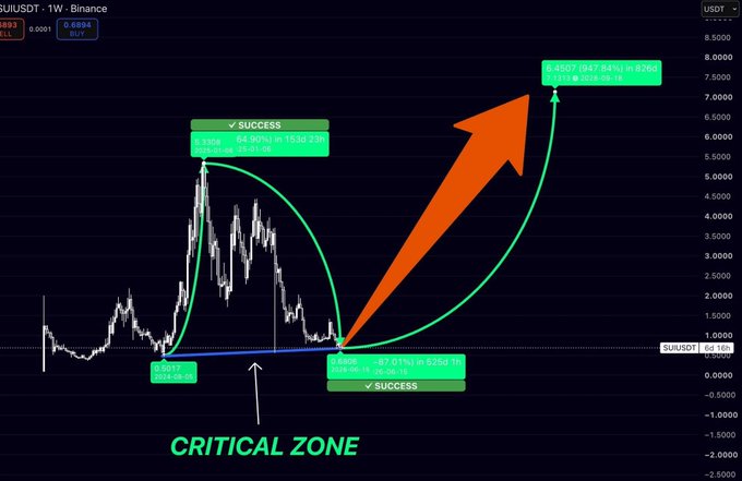 A SUI/USDT 1-week Binance chart on TradingView displays SUI's price action with marked success points at $2.6 and $5.0, projecting a potential rise toward $8.5 with a large orange arrow, and highlighting a "CRITICAL ZONE" near the $0.1669 baseline—visually reinforcing the post's bullish long-term outlook and target levels of $2.8 and $4.5.