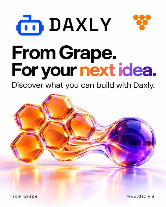 An advertisement for DAXLY with the tagline 'From Grape. For your next idea.' featuring an abstract 3D graphic of orange and purple interconnected spheres, with website www.daxly.ai.