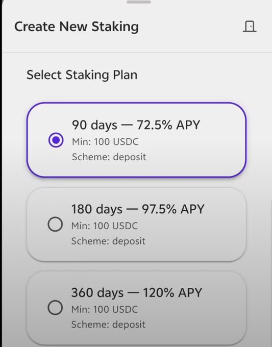 A mobile interface for creating a new staking plan displays three USDC deposit options with varying APYs: 90 days at 72.5%, 180 days at 97.5%, and 360 days at 120% APY, each with a 100 USDC minimum. The image ties to the SL8 250th Anniversary Staking Event by showcasing the ultra-high yield staking tiers available before the August 4th deadline.