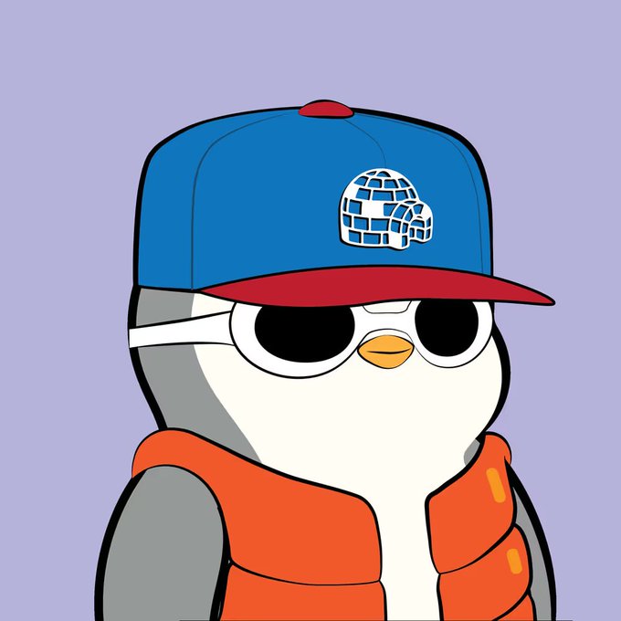 A cartoon penguin character wearing a blue and red baseball cap with an igloo logo, white sunglasses, and an orange puffer vest against a purple background.