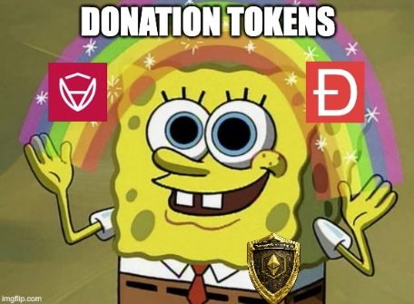 The image features a cartoon character, likely Spongebob Squarepants, with his arms raised high above his head. He has a big smile on his face as he looks up at the camera. The background of the image is filled with rainbows in various colors, creating a vibrant and cheerful atmosphere. In the bottom right corner of the image, there are two text boxes that read "Donation Tokens" and "D". These tokens can be used to purchase items or services from the company listed in the first box. The main character's arms are raised high above his head, as if he is celebrating a recent donation or victory over an enemy.