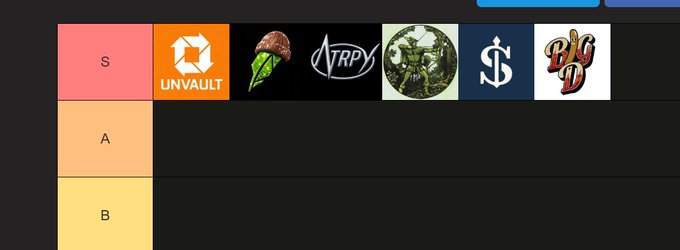 A tier list ranking with S, A, and B tiers, displaying logos including Unvault, a green ice cream cone, TRPY, and a dollar sign logo.