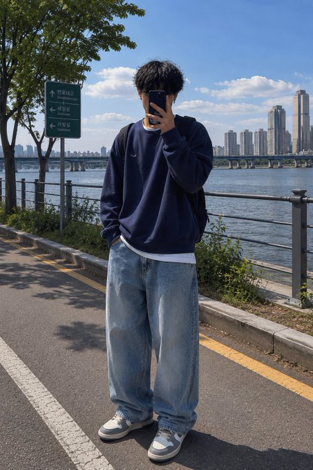 A person wearing a navy sweatshirt, baggy jeans, and sneakers takes a mirror selfie along a riverside path, with a green directional sign and a city skyline visible in the background.