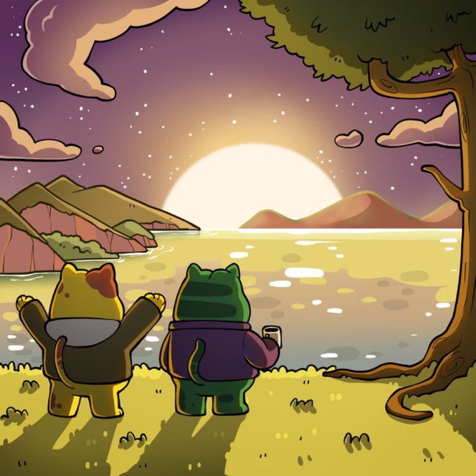 Two anthropomorphic cartoon cats—one yellow in a hoodie with arms raised, the other green in a purple sweater holding a drink—watch a sunset over a tranquil lake beside a tree, evoking the relaxed, chill vibe of a guaranteed free mint drop for the Pepe Cartel community.