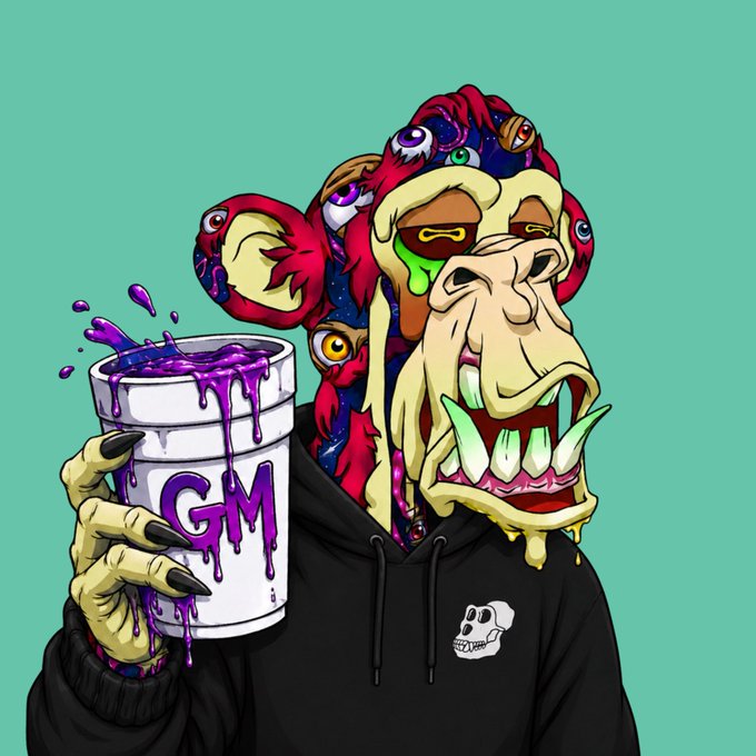 The image features a cartoon monkey holding a cup of purple liquid, which appears to be G-M (for "Gangsters for Murder") juice or G-M liquor. The monkey is wearing a black hoodie with a skull design on the front. The background of the image is green and blue, giving it an artistic and vibrant appearance. The caption below the image reads: "Gm to the gang Bored Ape Yacht Club".