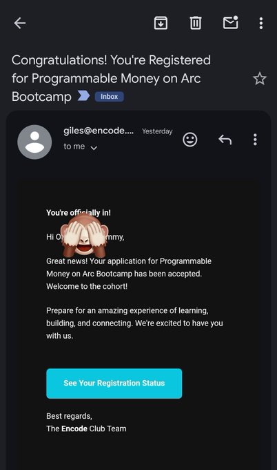 The image shows an email from a programmable money app with black text. It appears that someone has joined the app as a developer for the first @arc Programmable Money Developer Series. They will be working together towards learning, building, and exploring the future of stablecoin native finance, specifically focusing on cross-border payments and onchain financial workflows. The post mentions exciting new projects related to these areas and indicates that they are ready for an amazing experience in their learning journey with @encodeclub.