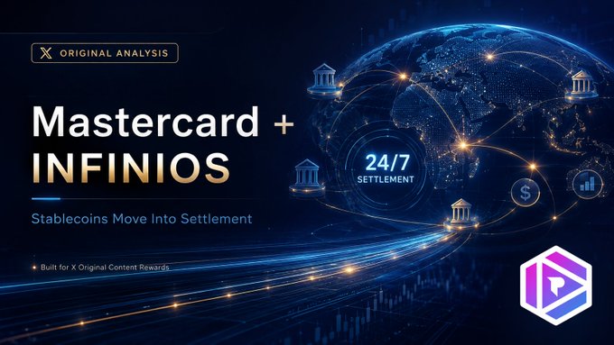 A promotional graphic titled 'Mastercard + INFINIOS' with the tagline 'Stablecoins Move Into Settlement' and '24/7 SETTLEMENT', featuring a digital globe with bank icons and connecting nodes.