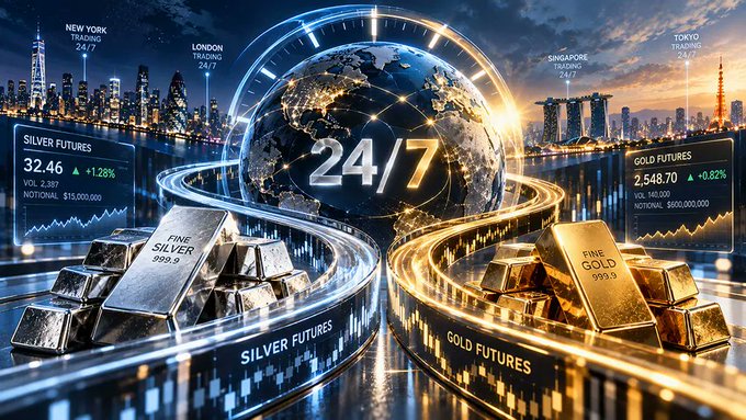 A graphic showing 24/7 silver and gold futures trading with city labels for New York, London, Singapore, and Tokyo, along with prices like 'SILVER FUTURES 32.46' and 'GOLD FUTURES 2,548.70'.