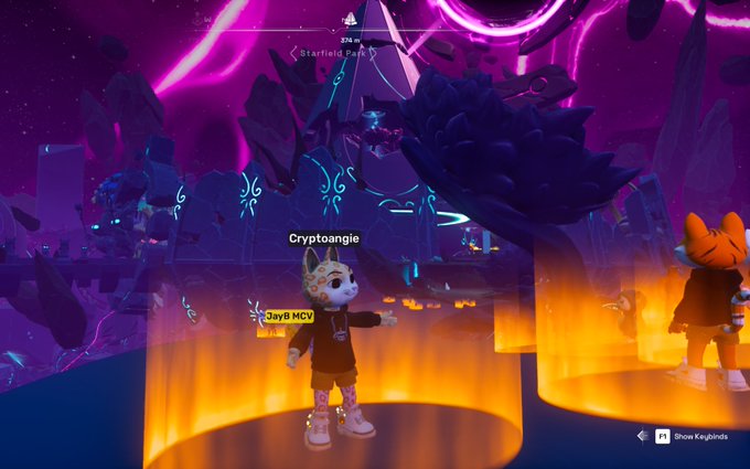 The image features a video game scene with two characters standing next to each other. One character has a white dog costume while the other one wears an orange shirt. The background of the image shows a purple sky filled with stars, giving the impression that they are in outer space or a futuristic setting. There is also text on the image that reads "Focus on what is in the image and how it relates to the post".