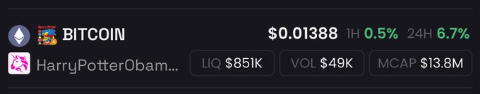 A cryptocurrency listing shows BITCOIN priced at $0.01388 with 1H change of 0.5% (green) and 24H change of 6.7% (green), alongside HarryPotterObama tokens with LIQ $85K, VOL $49K, and MCAP $13.8M.