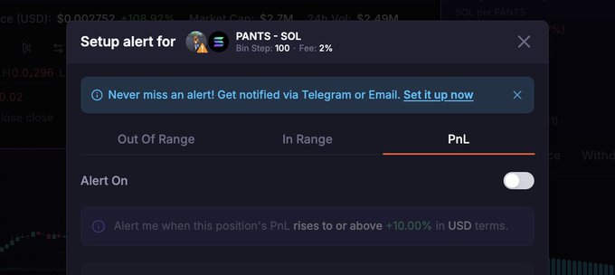 A trading app interface showing a 'Setup alert for PANTS - SOL' with options for 'Out Of Range', 'In Range', and 'PnL' tabs, with a toggle to 'Alert On' when PnL rises to or above +10.00%.
