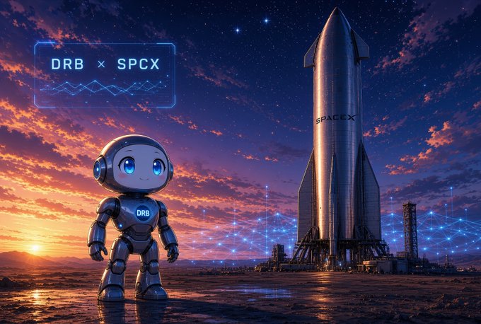 A digital artwork of a small blue robot labeled 'DRB' standing beside a SpaceX rocket under a sunset sky, with a 'DRB × SPCX' logo and waveform graphic displayed.