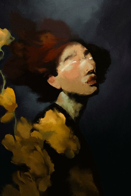 A painterly portrait artwork showing a person with reddish-brown hair tilted back with eyes closed, surrounded by yellow flowers against a dark background.