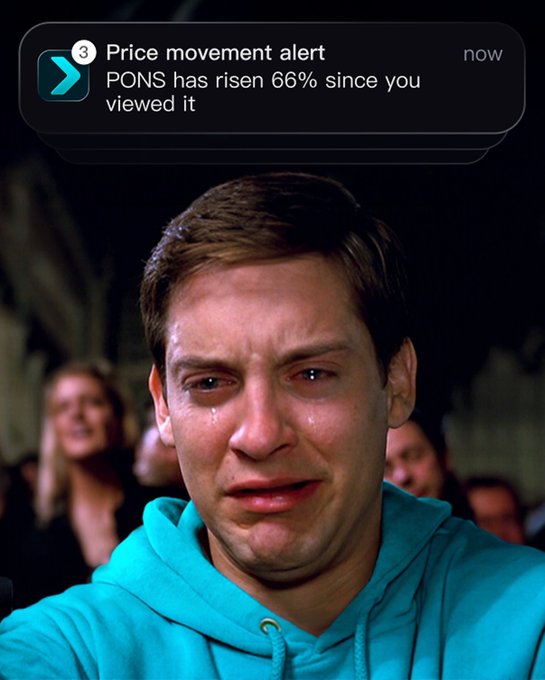 A man in a turquoise hoodie cries as a phone notification alerts him that "PONS has risen 66% since you viewed it," capturing the heartbreak of missing out on a significant price rally. The image humorously embodies the "biggest regret" theme, showing the painful realization of a missed trading opportunity.