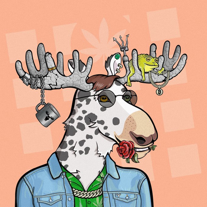 A whimsical illustrated moose wearing a denim jacket, sunglasses, and a rose in its mouth, with a trident, frog, and chains adorning its antlers, holds a Bitcoin-themed padlock—all fittingly paired with the "GMoose" greeting in a crypto/NFT community context.