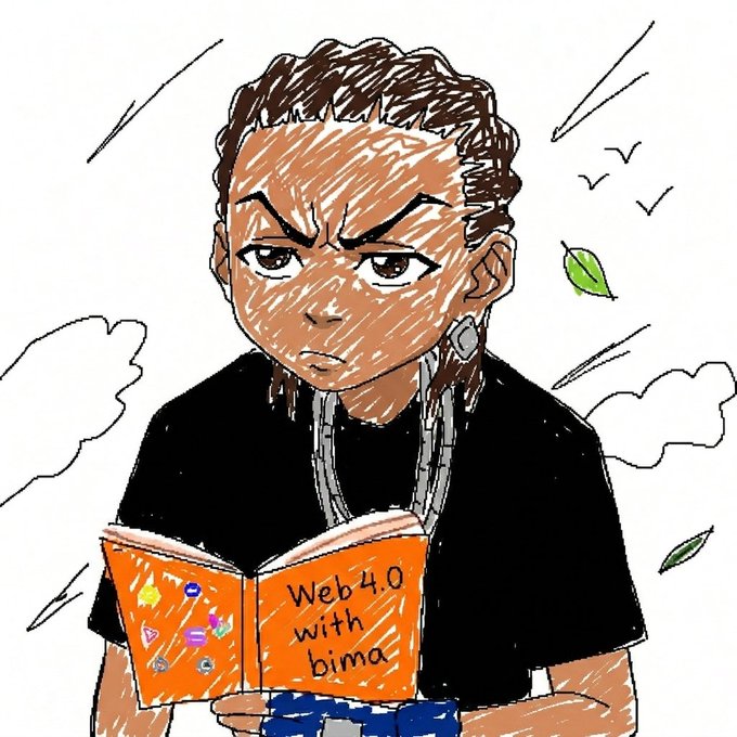 A cartoon-style drawing depicts a stern-looking person reading a book titled 'Web4.0 with bima', surrounded by flying leaves and a cloudy sky.