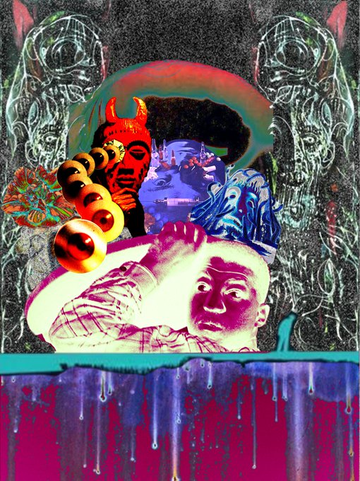 A vibrant psychedelic digital collage featuring overlapping faces, a demonic figure, and an eye motif with dripping paint effects at the bottom.