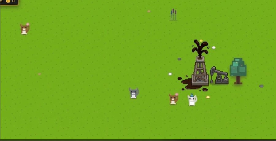 A simple 2D pixel-style game scene showing a green field with cartoon characters, an oil derrick with black oil spilling, an oil pump, a tree, and bamboo.
