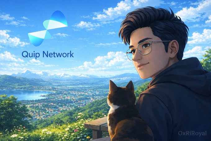 The image features a man wearing glasses, holding a cat while standing near a bench overlooking a valley with mountains in the background. The scene appears to be set in a park or garden area, creating an atmosphere of relaxation and contemplation. The text "quip network" is prominently displayed at the top left corner of the image, indicating that this is likely a promotional post for Quip Network.