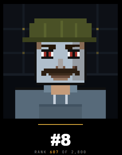 A pixel-art character with a green hat and mustache is displayed above text reading '#8 RANK 607 OF 2,800.'