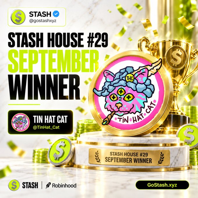 A promotional graphic announcing 'STASH HOUSE #29 SEPTEMBER WINNER' for 'TIN HAT CAT' (@TinHat_Cat) by STASH (@gostashxyz), featuring a pink cat coin with a magic wand on a trophy pedestal alongside gold coins and confetti.