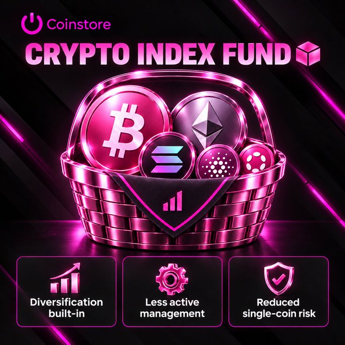 A promotional graphic for 'Coinstore Crypto Index Fund' features a pink metallic basket containing Bitcoin, Ethereum, Solana, Cardano, and Polkadot coins, highlighting 'Diversification built-in,' 'Less active management,' and 'Reduced single-coin risk.'